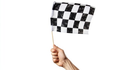Wall Mural - flag in hand with black and white checkered pattern fluttering in the wind on a clean white backgrou