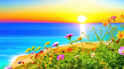 Wall Mural - Very beautiful Postcard with summer flowers on the sunset with ocean on the background