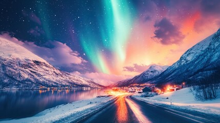 Wall Mural - Aurora Borealis over Snowy Mountain Landscape