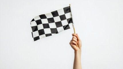 flag in hand with black and white checkered pattern fluttering in the wind on a clean white backgrou