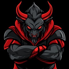 Poster - Angry Red Eyed Bull Mascot with Horns and Crossed Arms, Vector Illustration