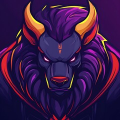 Wall Mural - Fierce Werewolf with Golden Horns, Purple and Black Fur, Dark Background