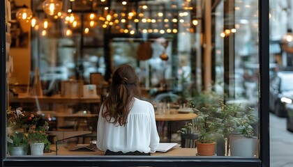 Woman in white top outside artistic cafe, focusing on work with interior decoration through glass window.