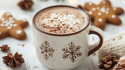 Сocoa in a mug, with marshmallow, chocolate and gingerbread, isolated on a white background. AI generation