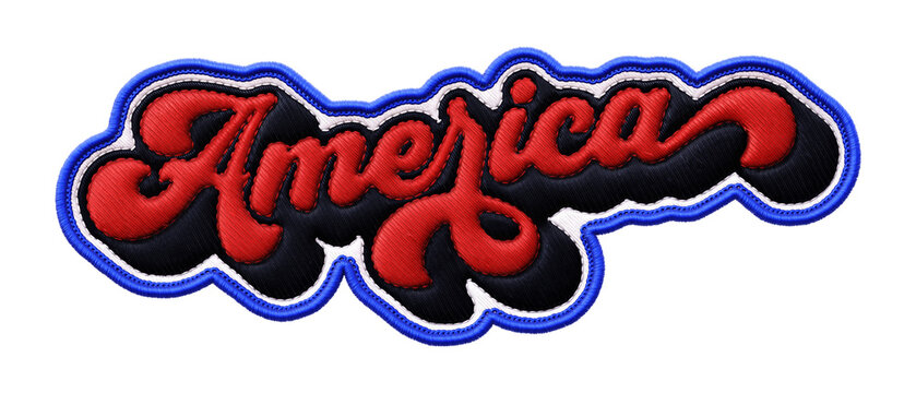 Word ‘America’ written in retro script font with puff embroidery patch effect isolated on transparent background. 3D rendering