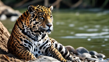 Wall Mural - Majestic Jaguar Resting by the Tranquil Riverbank