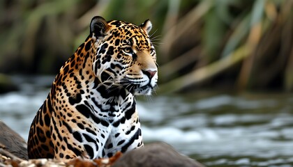 Wall Mural - Majestic Jaguar Resting by the Tranquil Riverbank