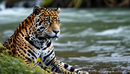 Wall Mural - Majestic Jaguar Resting by the Tranquil Riverbank