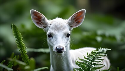 Wall Mural - Delicate white Fallow Deer nestled among lush green ferns, showcasing natures serene beauty