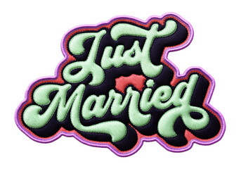 Fototapete - Words ‘Just Married’ written in retro script font with puff embroidery patch effect isolated on transparent background. 3D rendering