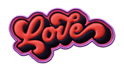 Fototapete - Word ‘Love’ written in retro script font with puff embroidery patch effect isolated on transparent background. 3D rendering