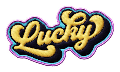 Fototapete - Word ‘Lucky’ written in retro script font with puff embroidery patch effect isolated on transparent background. 3D rendering