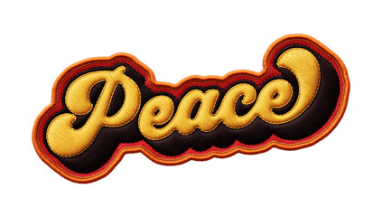Fototapete - Word ‘Peace’ written in retro script font with puff embroidery patch effect isolated on transparent background. 3D rendering