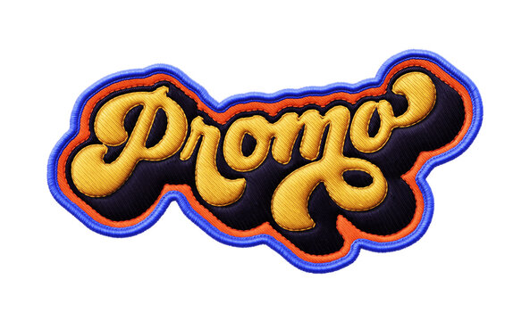 Word ‘Promo’ written in retro script font with puff embroidery patch effect isolated on transparent background. 3D rendering