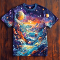 Wall Mural - Colorful cosmic-themed t-shirt design featuring planets.