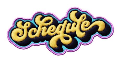 Fototapete - Word ‘Schedule’ written in retro script font with puff embroidery patch effect isolated on transparent background. 3D rendering