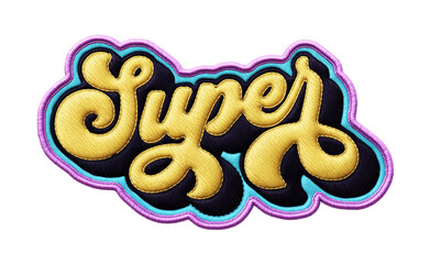 Fototapete - Word ‘Super’ written in retro script font with puff embroidery patch effect isolated on transparent background. 3D rendering