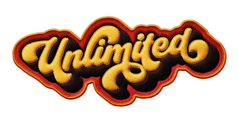 Fototapete - Word ‘Unlimited’ written in retro script font with puff embroidery patch effect isolated on transparent background. 3D rendering