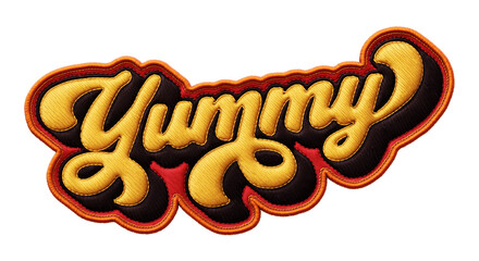 Fototapete - Word ‘Yummy’ written in retro script font with puff embroidery patch effect isolated on transparent background. 3D rendering