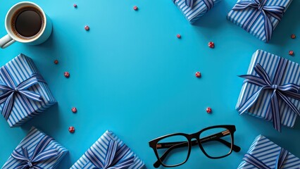 Vibrant blue flat lay with coffee, eyeglasses, and striped gift boxes - ideal for Fathers Day holiday theme