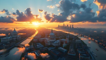 Wall Mural - Aerial Sunrise View of Futuristic Megalopolis Featuring Iconic Dome Architecture and Expansive Skyline Amidst Clouds, Emphasizing Urbanization and Modern City Planning