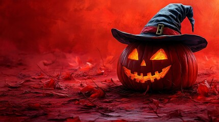 Wall Mural - jack-o'-lantern in with hat on red background with copy space