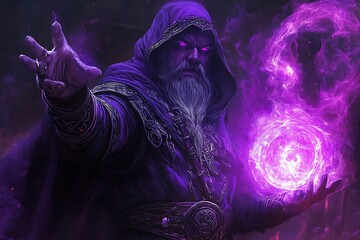 Powerful wizard with glowing purple magic sphere, fantasy art concept