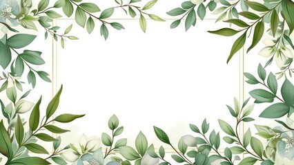 Naklejka na meble botanical garden-themed card, featuring a variety of green leaves, watercolor flowers, a delicate frame
