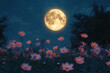 © Imane - Dark cosmos flower with full moon at night.