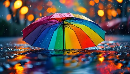 Colorful Rainy Evening with a Vibrant Rainbow Umbrella and Shimmering Raindrops Against a Soft Bokeh Background