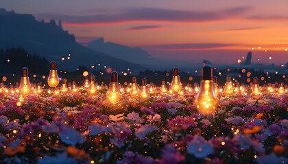 Wall Mural - Surreal Sunset Field of Illuminated Light Bulbs Blending Innovation with Nature, Captivating Floral Landscape Evoking Dreamy Inspiration