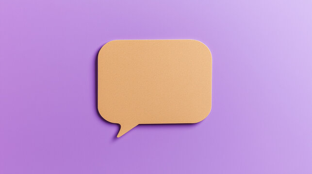 Photo of a speech bubble cut out from light brown cardstock, placed on a bright purple background. Craft speech bubble design.