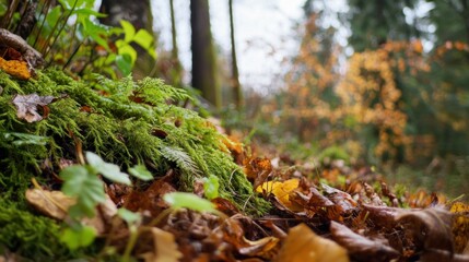 Poster - Forest Floor Covered in Moss and Autumn Leaves