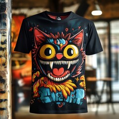 Wall Mural - Colorful graphic t-shirt featuring a playful cat design.