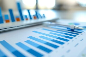 Poster - Silver pen lying on desk in front of charts and laptop showing business growth