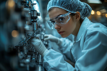 Poster - a researcher in a cleanroom assembling nanotechnology components. concept of nanoscience and precisi