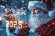 © Наталья Добровольска - Santa holds a bright 2025 sign made using artificial intelligence for future tech