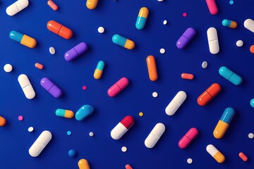 pills in capsules and white whole and crushed pills on a blue background. . concept of medicine. clo