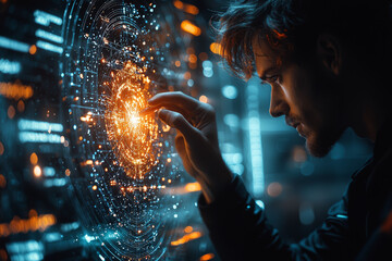 Poster - a physicist modeling complex quantum systems with advanced software. concept of theoretical physics 