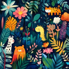 Canvas Print - Colorful jungle scene with playful animals and plants.