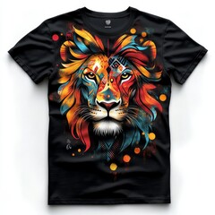 Colorful lion graphic design on a black t-shirt.