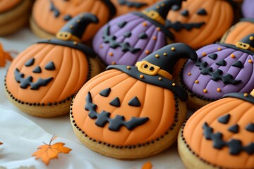 Fresh Halloween pumpkin, witch shaped cookies. Bakery. Bake. Cookies. Pumpkin. Witch's hat. 	