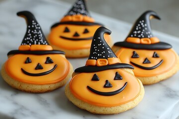 Canvas Print - Fresh Halloween pumpkin, witch shaped cookies. Bakery. Bake. Cookies. Pumpkin. Witch's hat. 	