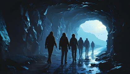 Journey Towards Hope: A Group Walking Through a Dark Tunnel into Bright Light, Symbolizing New Beginnings in a Mysterious Futuristic Setting at Dusk