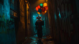 Creepy clown holding balloons in a dark alley at night, eerie and unsettling atmosphere