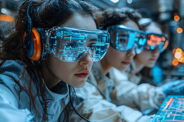 Aufkleber - A group of researchers using wearable tech to monitor human physiology in real-time. Concept of bio-sensing and wearable research technologies.