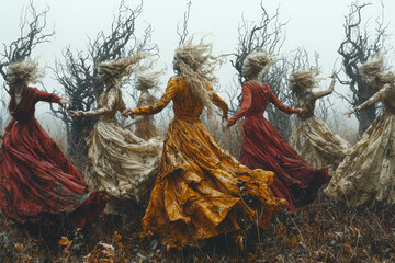 Poster - A ghostly procession of dancers moving through a forest of withered trees. Concept of nature and the cycle of life and death.