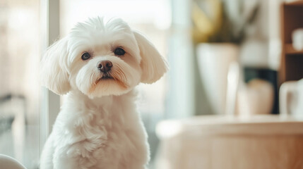 Maltese dog with fluffy white fur sitting in a cozy grooming studio. Adorable small dog after grooming, looking directly at the camera with a calm and elegant expression. Pet grooming and care service