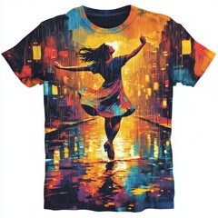 Colorful t-shirt featuring a dancing figure in a vibrant setting.