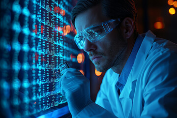 Poster - a biomedical researcher analyzing crispr-edited genes with state-of-the-art software. concept of gen